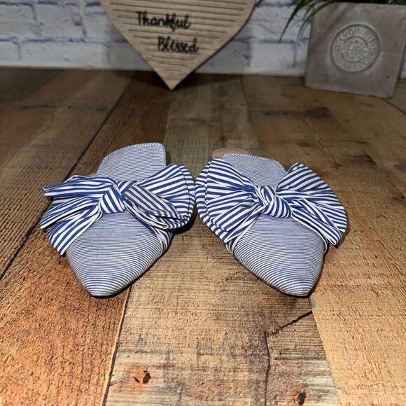 J.Crew Pointed Toe Mixed Stripe Bow Slides Blue White Mules Flats Fabric 7.5 - Picture 5 of 12